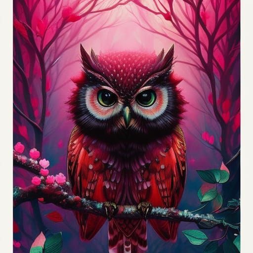Pink Winter Owl Portrait in Liquid Gouache Style