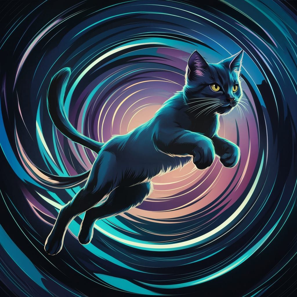 Cel-Shaded Cubist Cat Leaping Through Galaxy