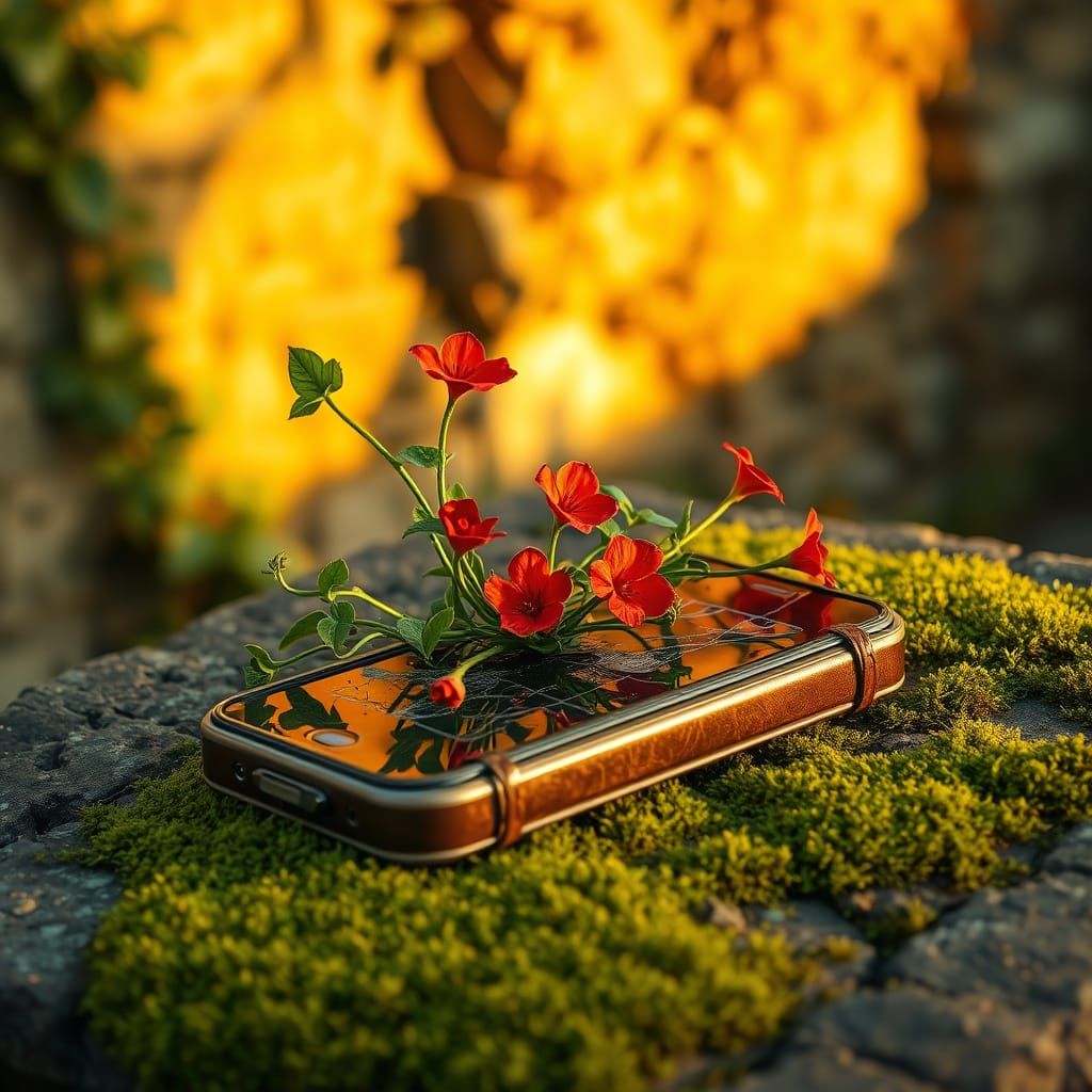 Antique Smartphone with Blossoms in Stalenhag Style