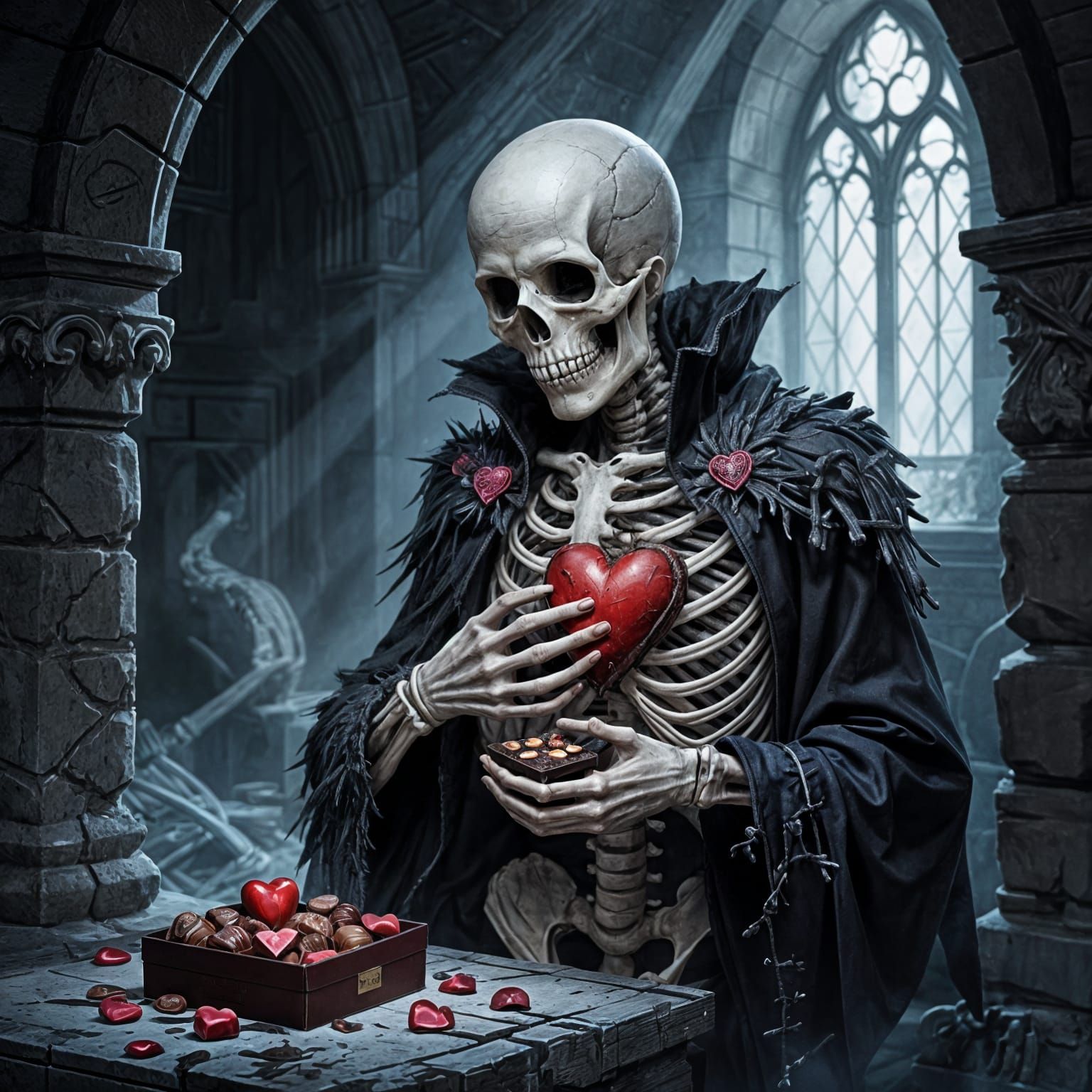 Skeleton Holding Heart and Chocolates in Dark Crypt