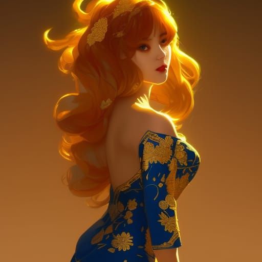 Bishoujo in Gold Cheongsam: Digital Art Portrait