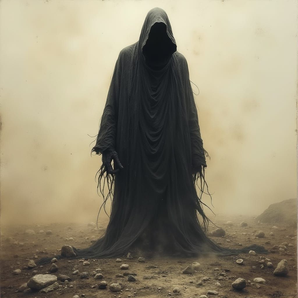 Dark Figure in Desolate Landscape: Surreal Art