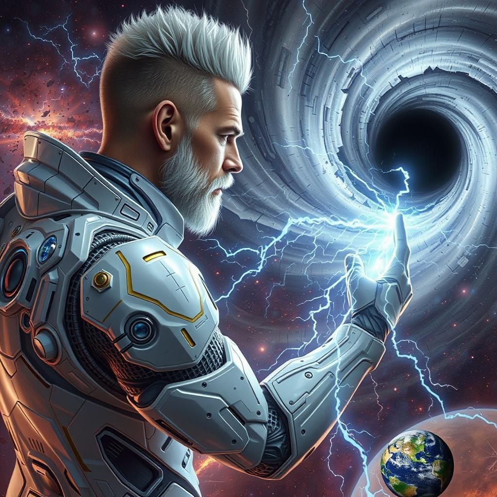 Futuristic Zeus Battles Black Hole in Dystopian Style