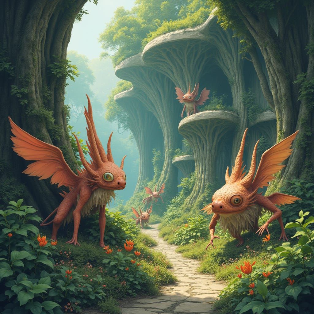 Whimsical Elemental Beings in a Mystical Bauhaus Realm