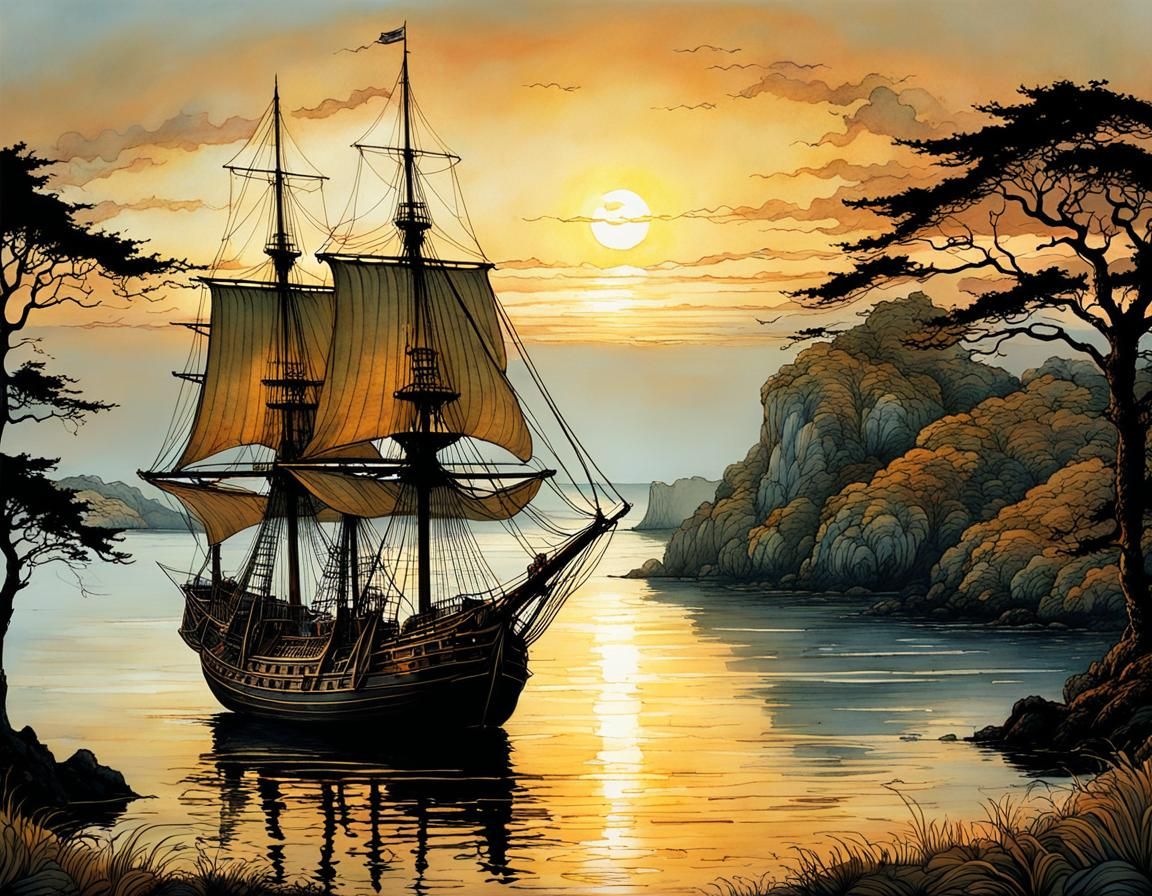 Sailing Ship at Sunset: Expressive Fantasy Illustration