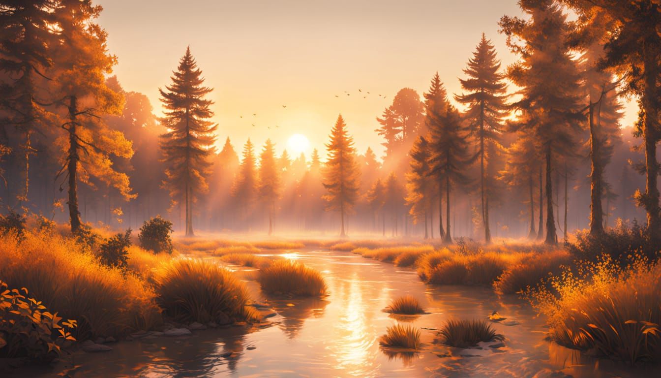 Mystical Sunset in a Serene Forest Clearing with Glowing Fir...