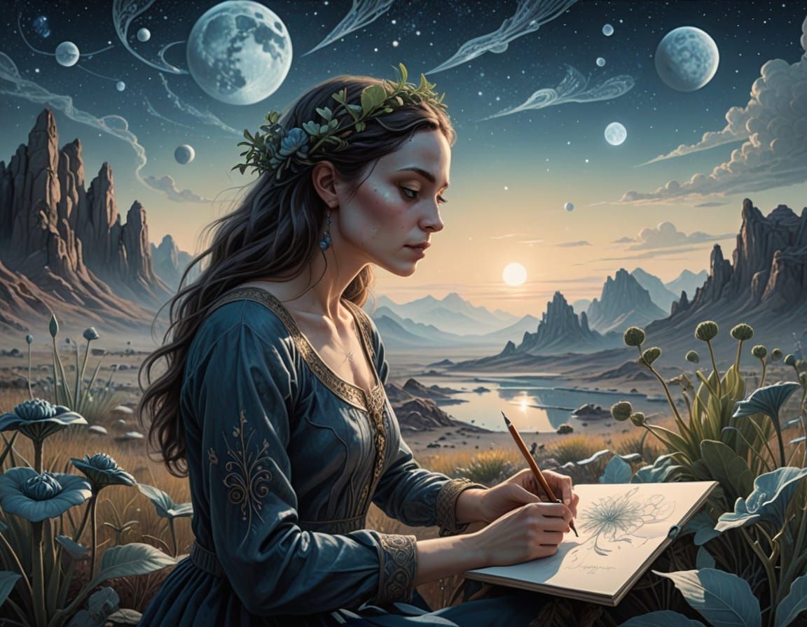 Woman Sketching Alien Flora on Mars