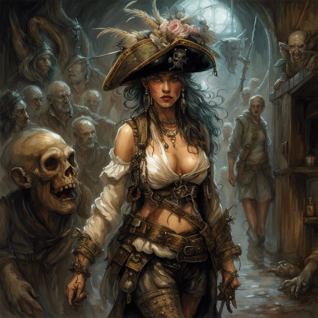 Voluptuous Pirate Queen in Crowded Tavern, Digital Art