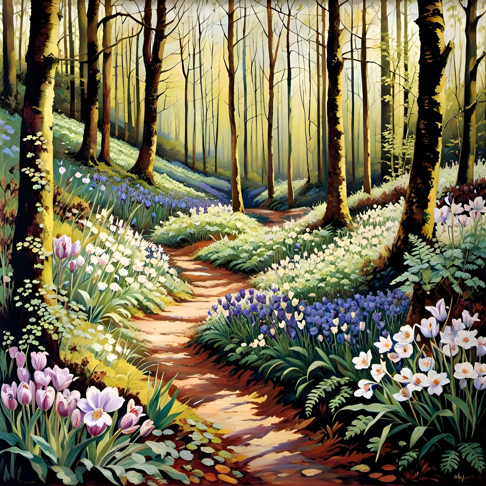 Lush Forest Path with Spring Flowers