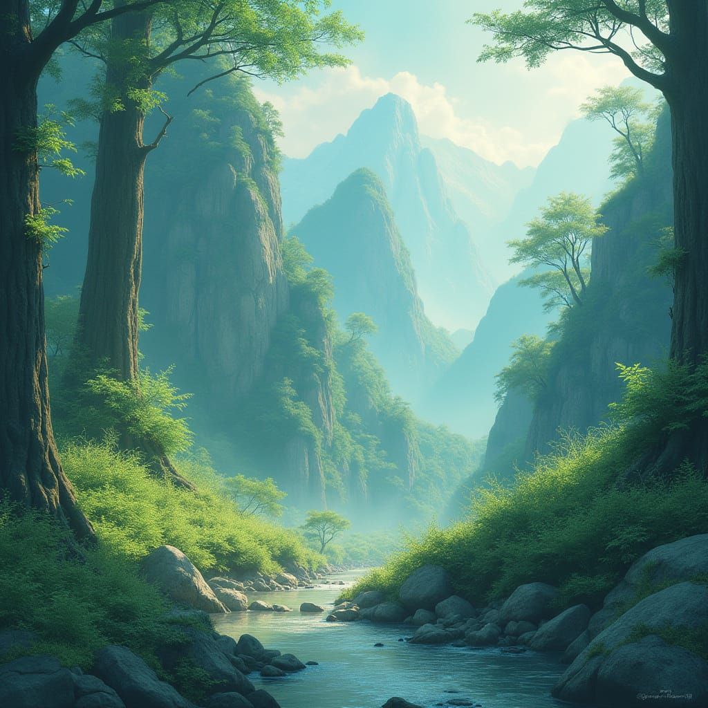 Whimsical Japanese Landscape in Dreamy Watercolor Style