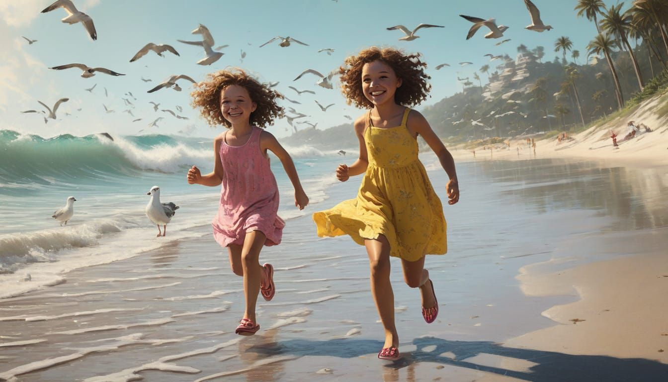 Little Girl Running Towards Dad on Sunny Beach in Photoreali...