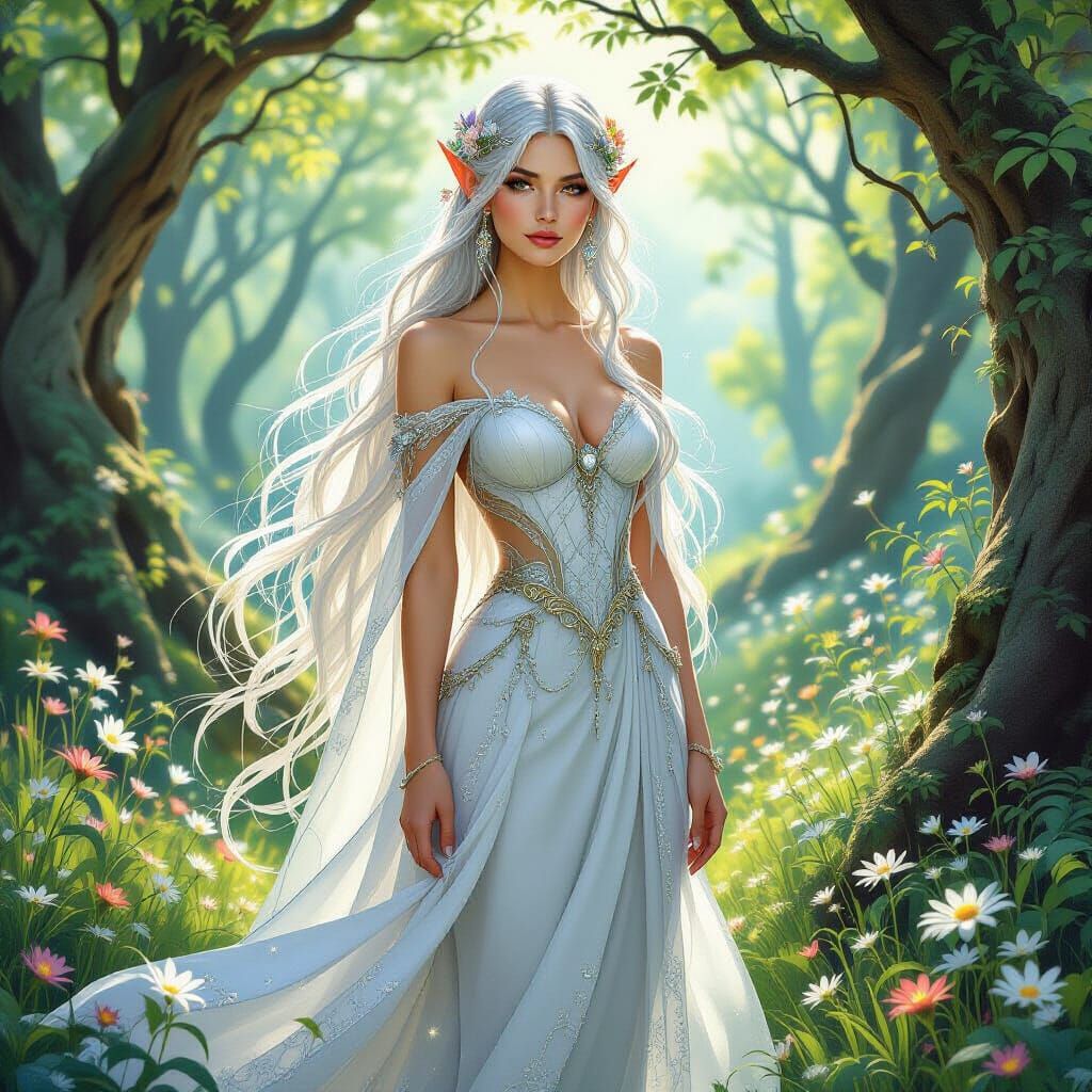 Elven Woman in Mystical Forest, Art Nouveau Style