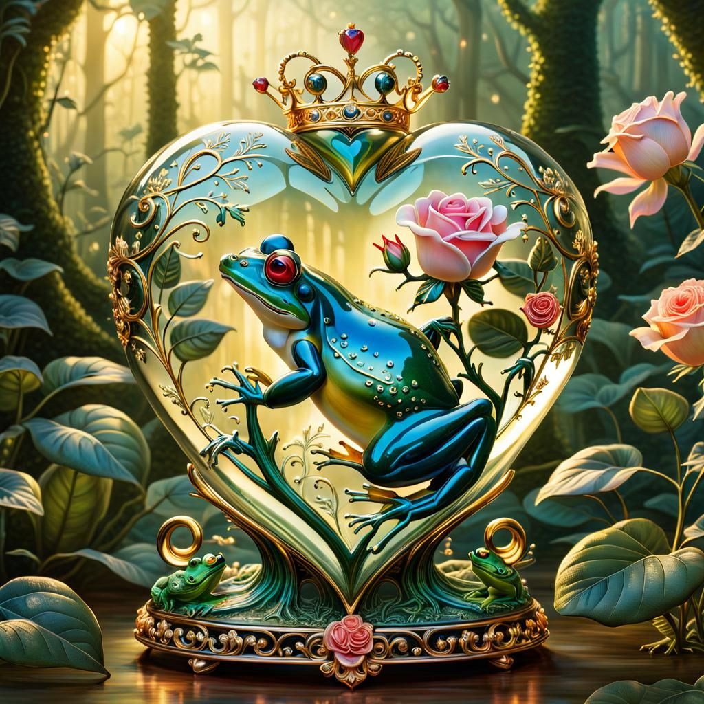 Ornate Glass Heart with Frog Prince in Forest