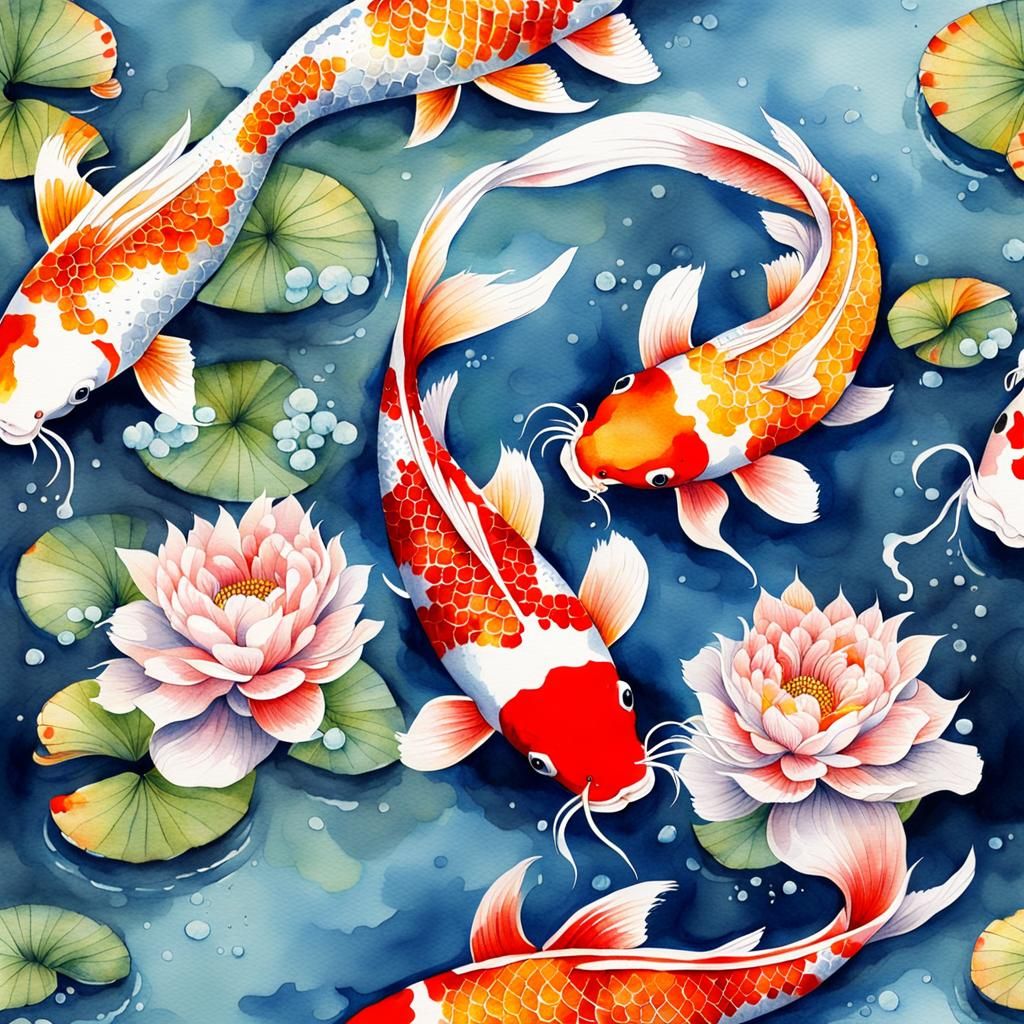 Koi Fish Heart in Watercolor Landscape