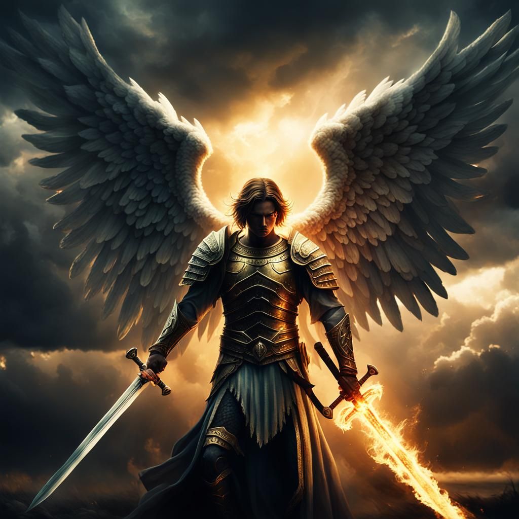 Angel with Flaming Sword in Fantasy Landscape