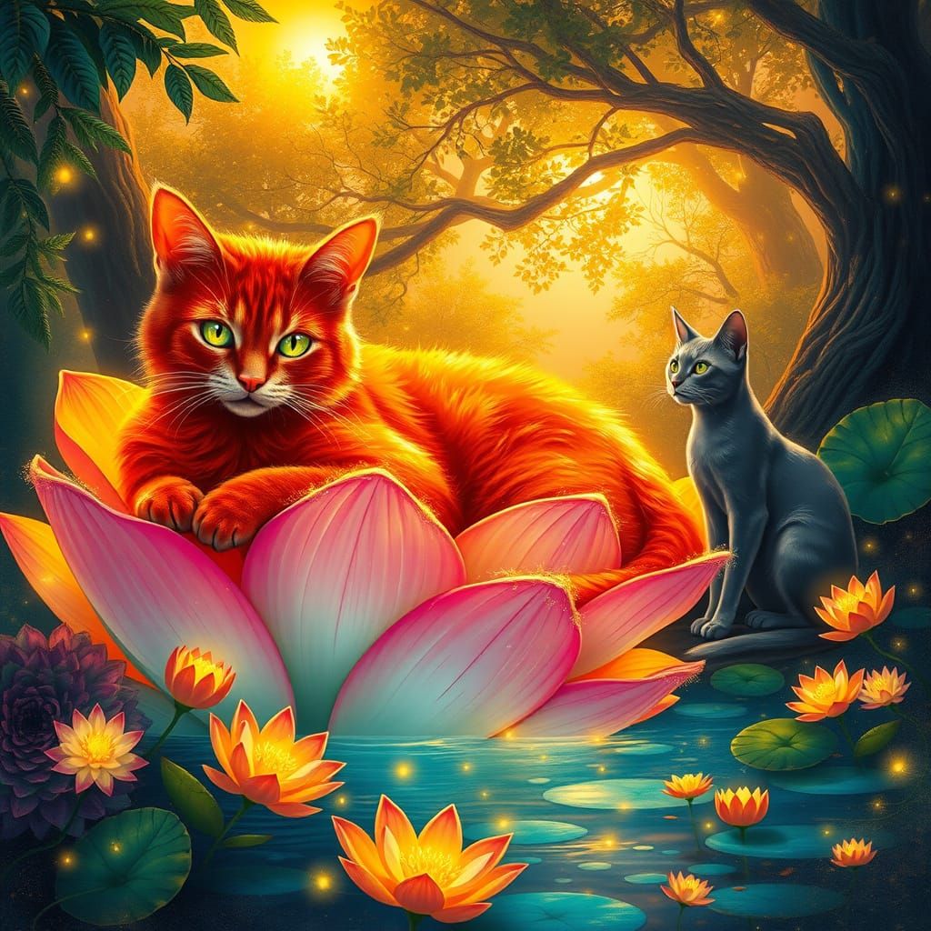 Regal Cardinal Red Cats Amidst Vibrant Glowing Flowers in a ...