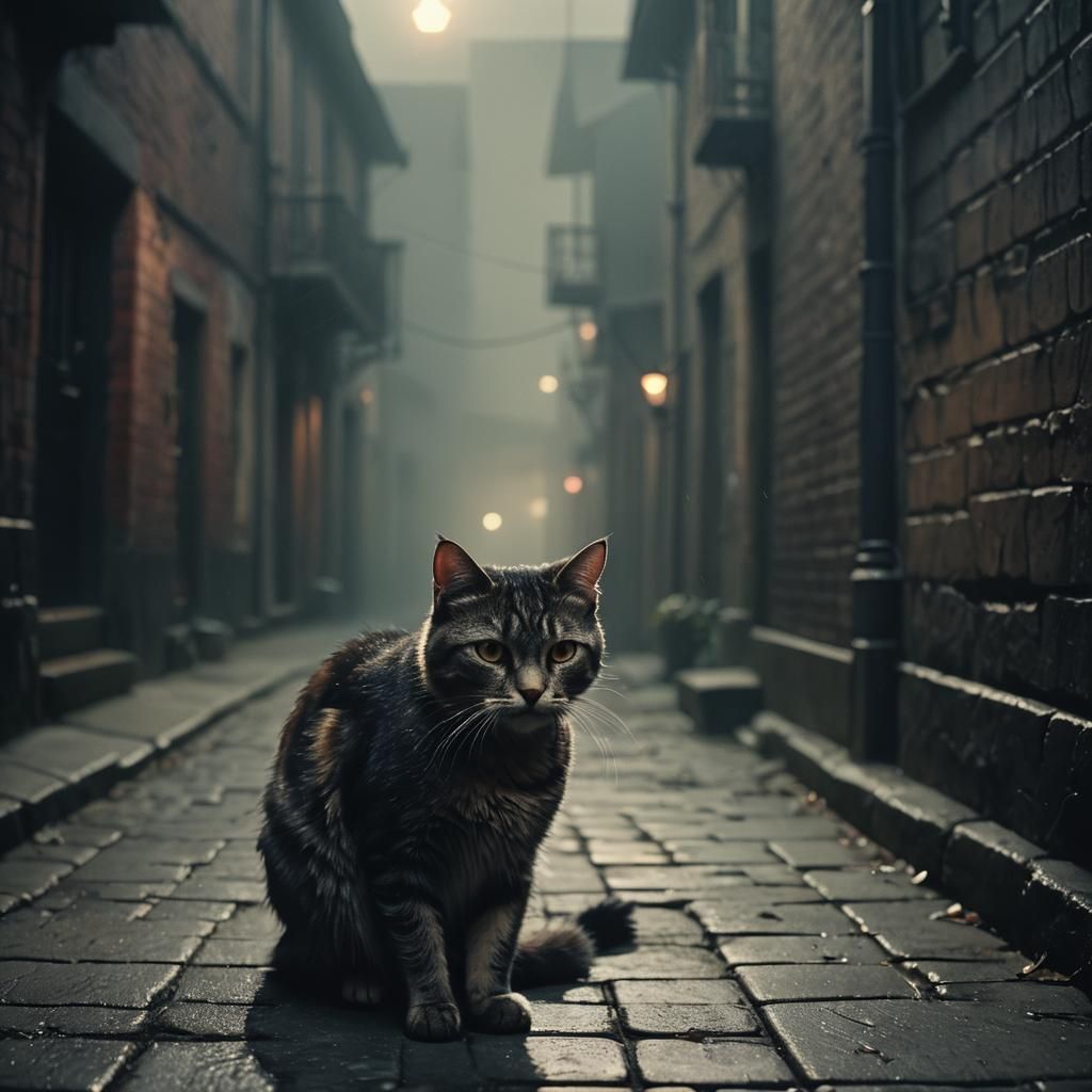 Cat Vampire in Misty Alleyway: Cinematic Film Still