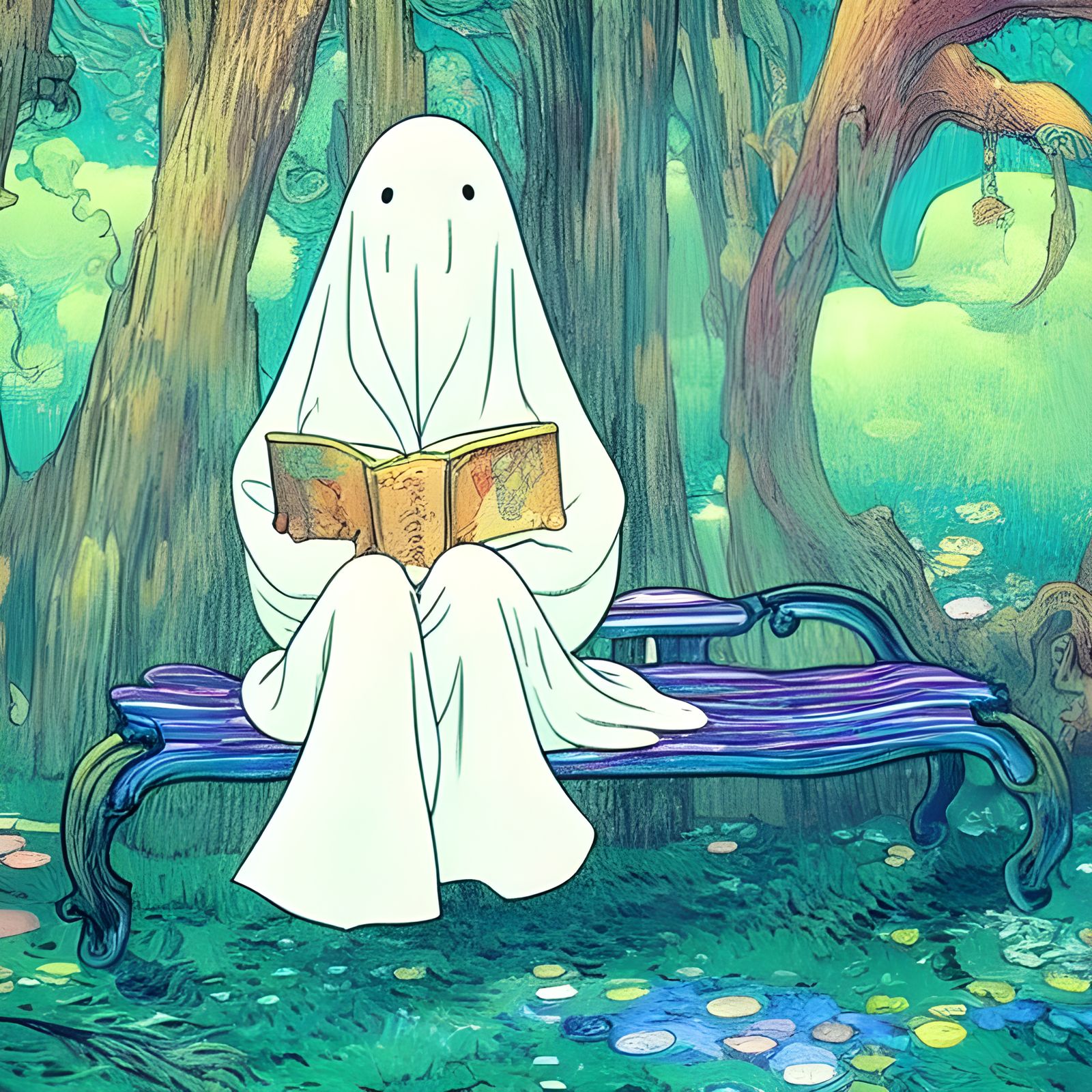 Ghost Reading in Fairy Forest, Digital Art