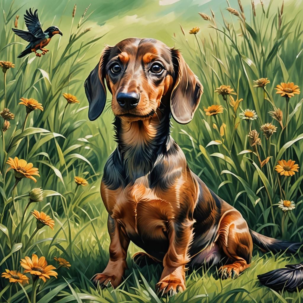 Dachshund Dominates Hawk in Meadow, Oil Illustration