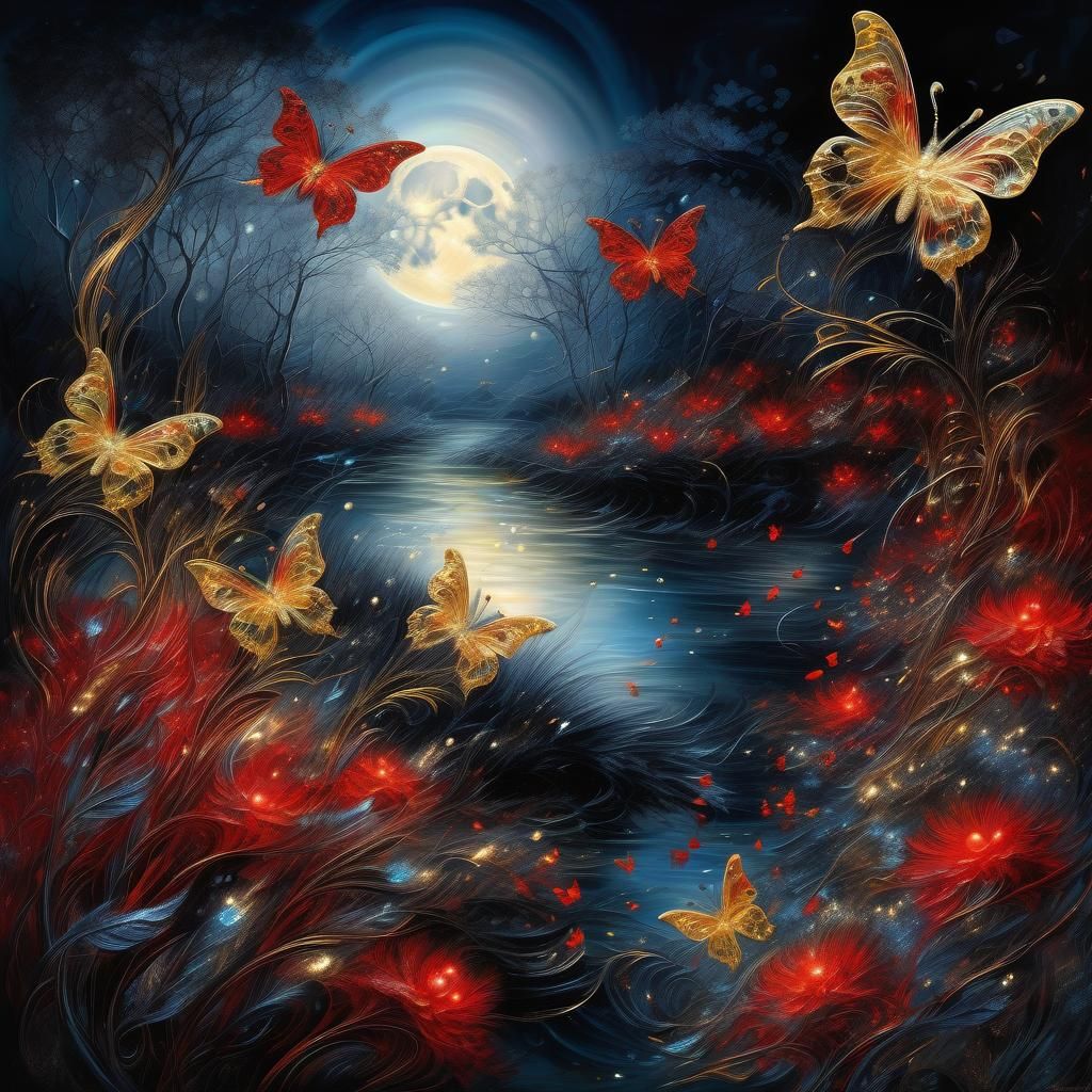 Moonlit Landscape with Pearl and Gold Butterflies