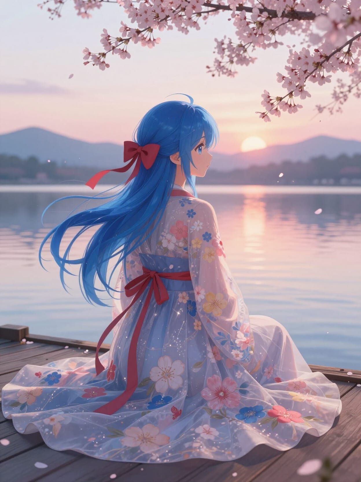 Dreamy Anime Girl by Calm Lake at Sunset