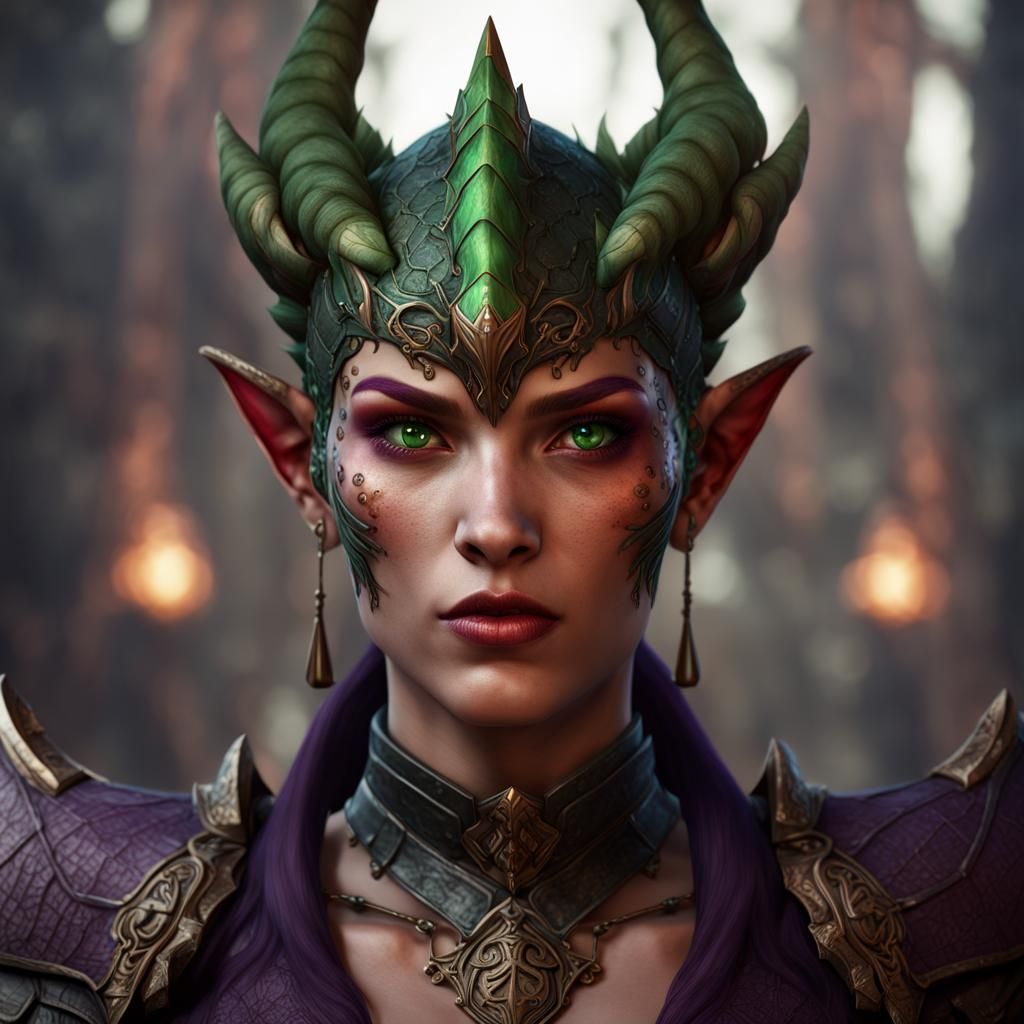 Imposing Dragonborn Female with Purple Skin, Fantasy Art