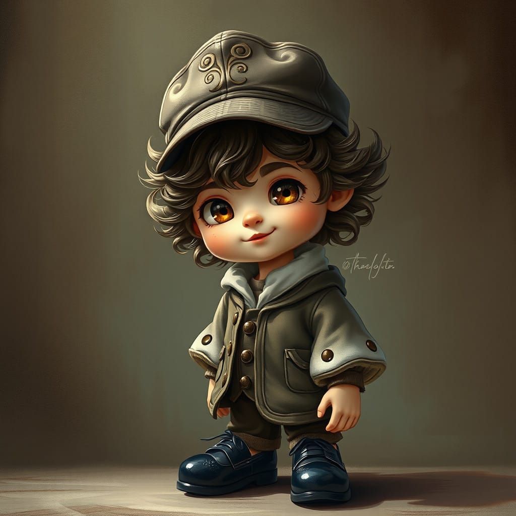 Charming Boy with Wavy Hair in Elegant Outfit, Set Against B...