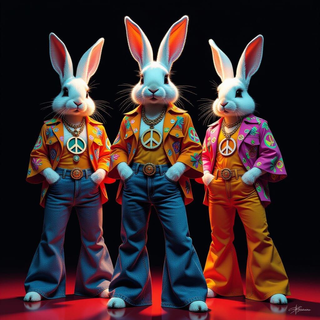 Rabbits in 1960s Hippie Fashion, Hyper-Realistic Style