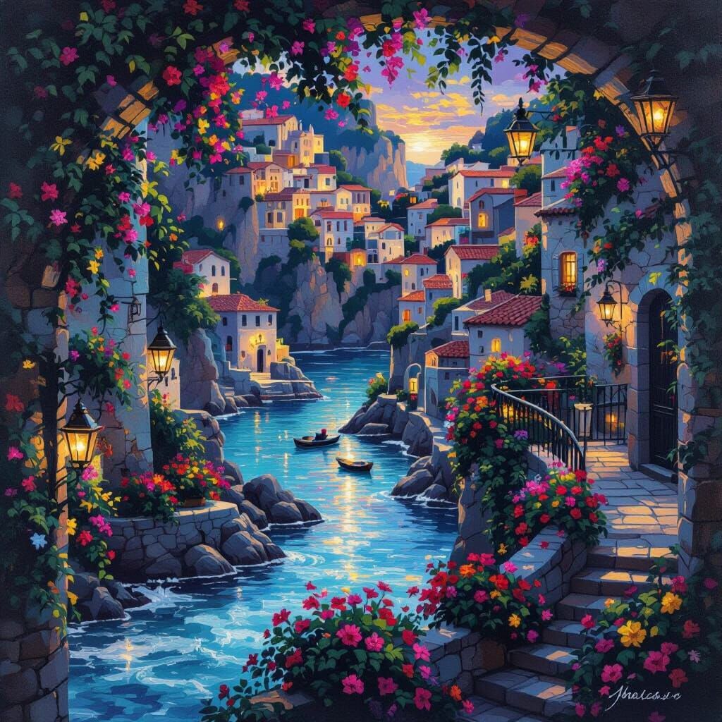 Impressionist Mediterranean Village at Sunset