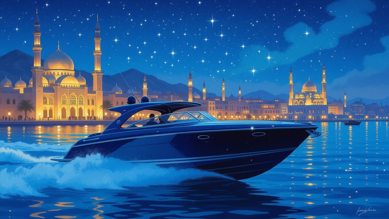 Cigarette Boat at Night in Parrish Style