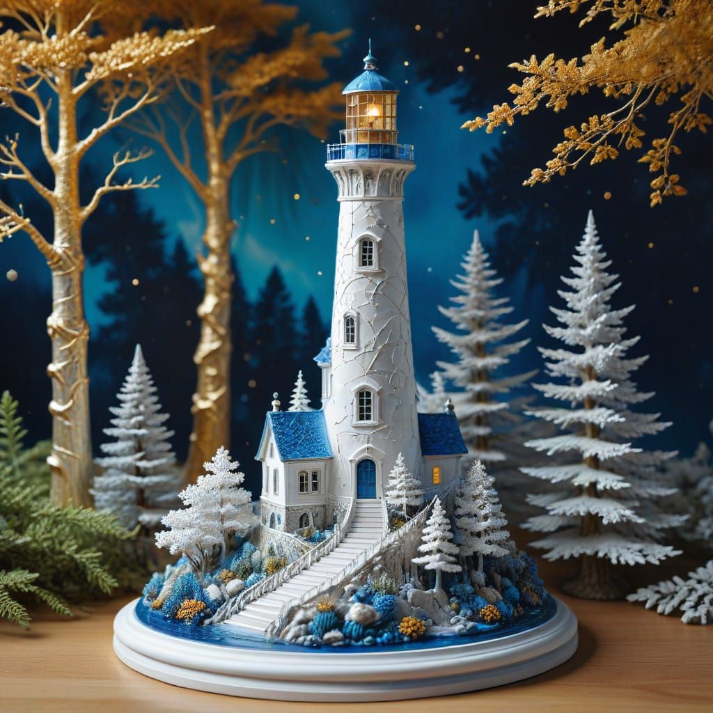 A Luminous Lighthouse Figurine in Gold and Blue by Karol Bak...