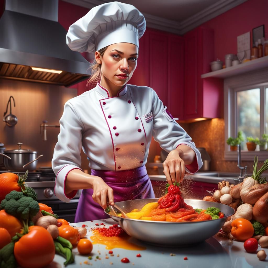 Hyperrealistic Feminine Chef Cooking in High-End Kitchen