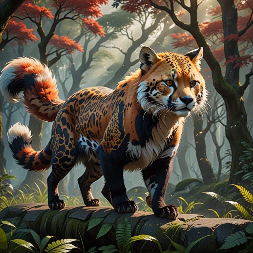 Mystical Forest Hunter: Agile Cheetah-Red Panda Hybrid