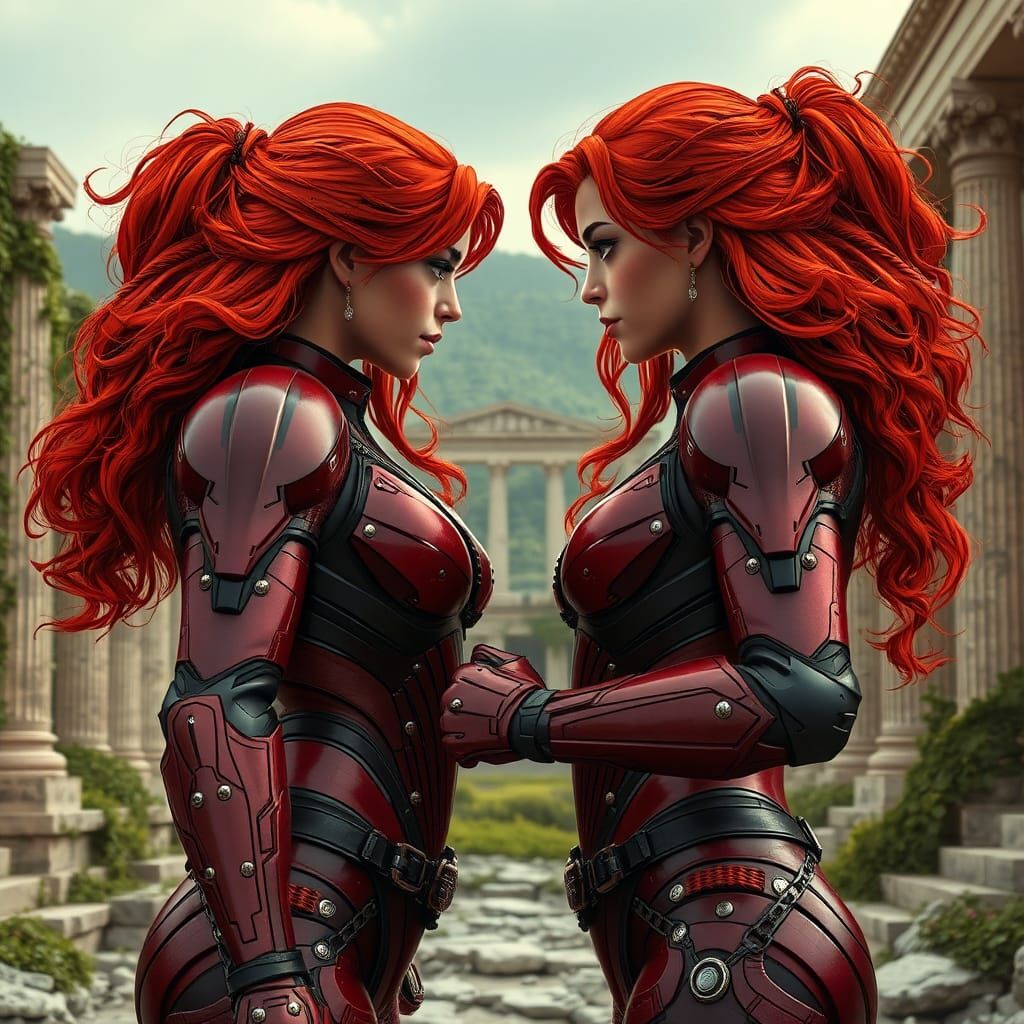 Mecha Women Stare Down in Ancient Greek Ruins