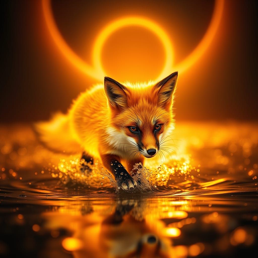 Golden Flame Fox Under Eclipse, Digital Painting