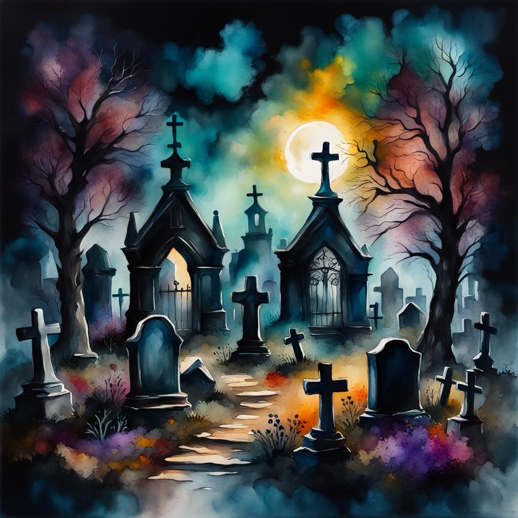 Graveyard Image in Gouache and Watercolor Style