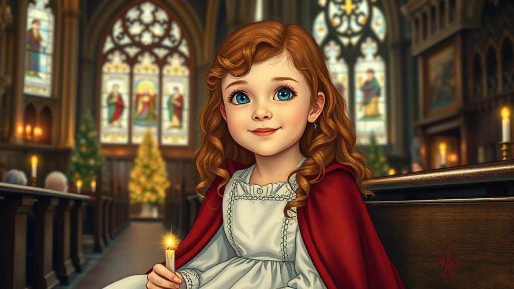 Victorian Christmas Church Scene with Curly-Haired Girl