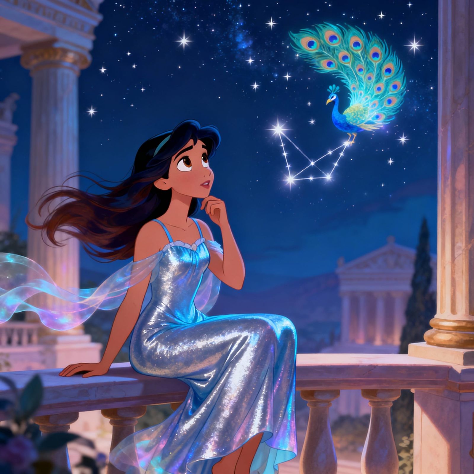 Teenage Hera Gazes at Stars in Dreamy Olympus