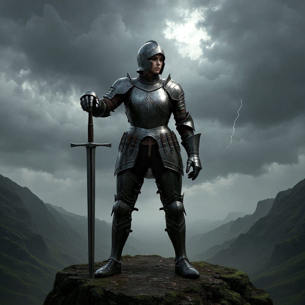 Armored Female Warrior in Misty Forest