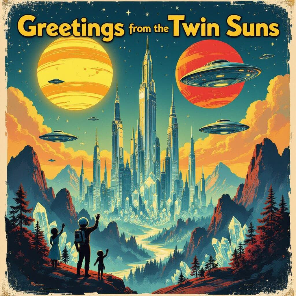 Alien Planet with Twin Suns in Retro Sci-Fi Style
