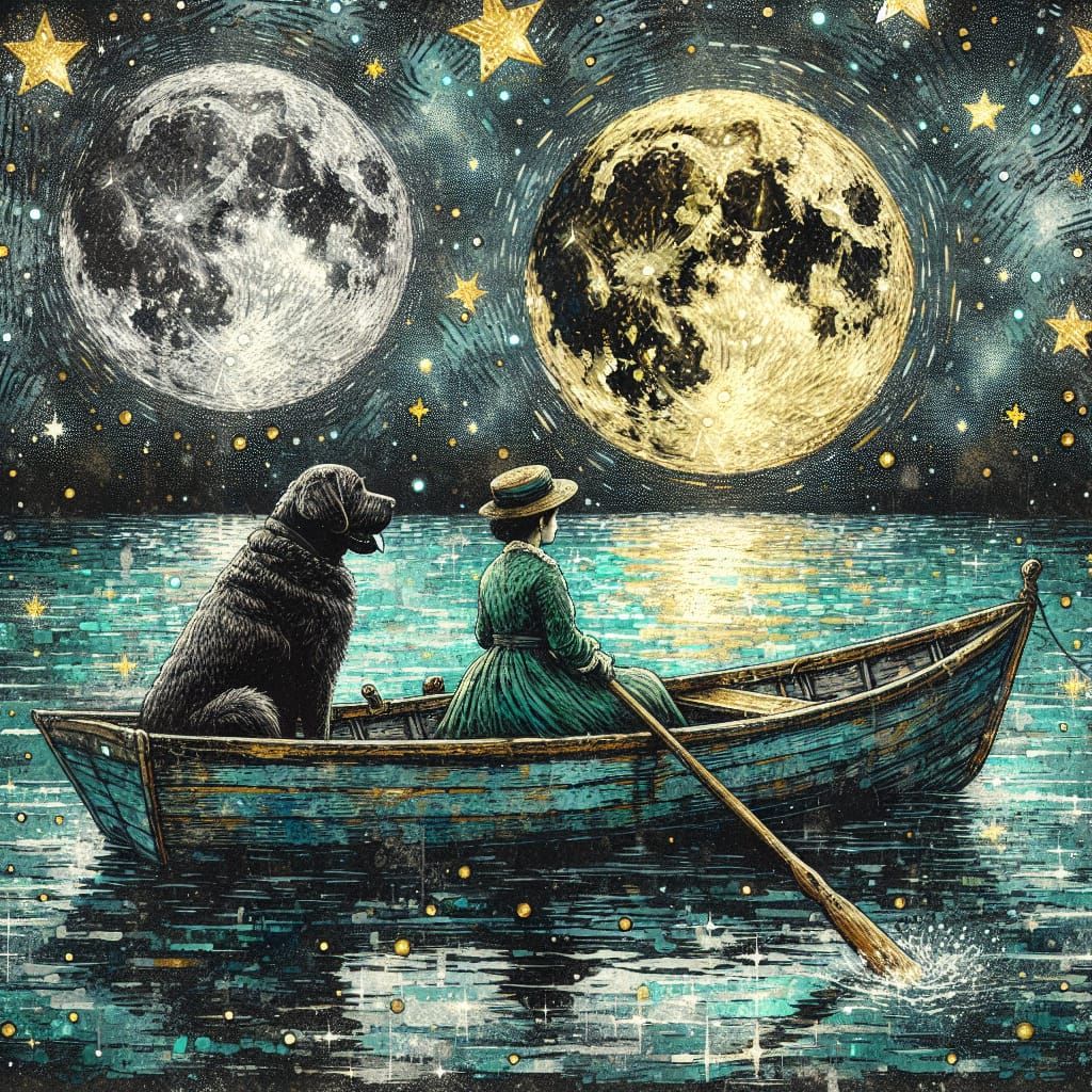 Woman and Dog in Boat Under Van Gogh Sky