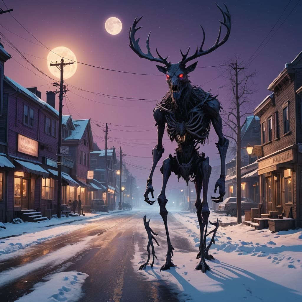 Ethereal Wendigo in Abandoned Town, Digital Matte Painting
