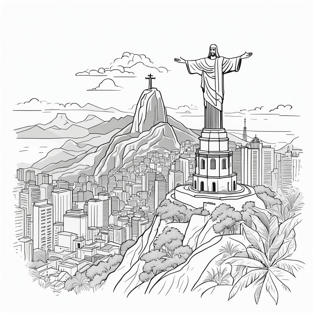 Iconic Christ the Redeemer Silhouette in Black and White Lin...