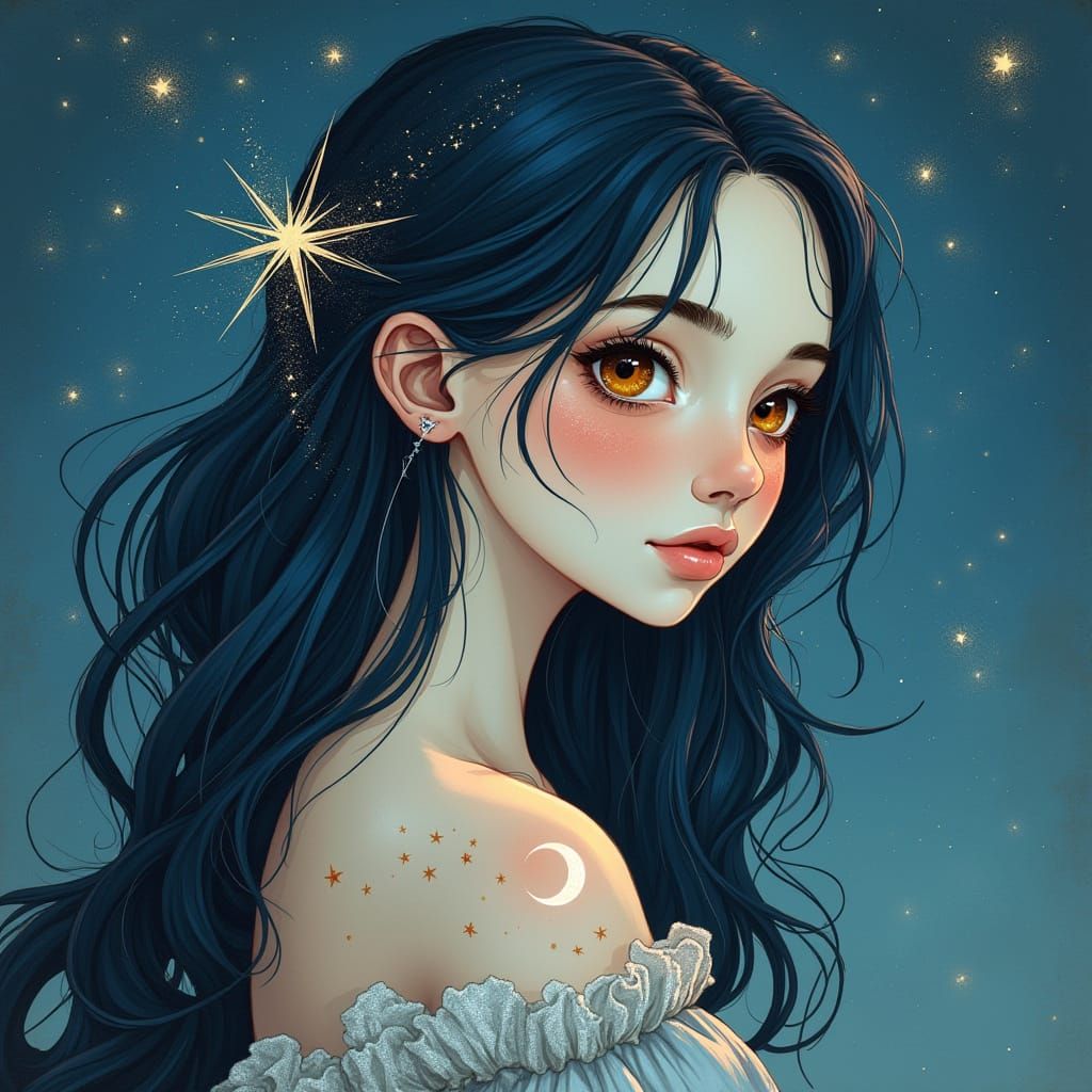 Ethereal Young Woman in Whimsical Setting, Hand-Drawn Illust...