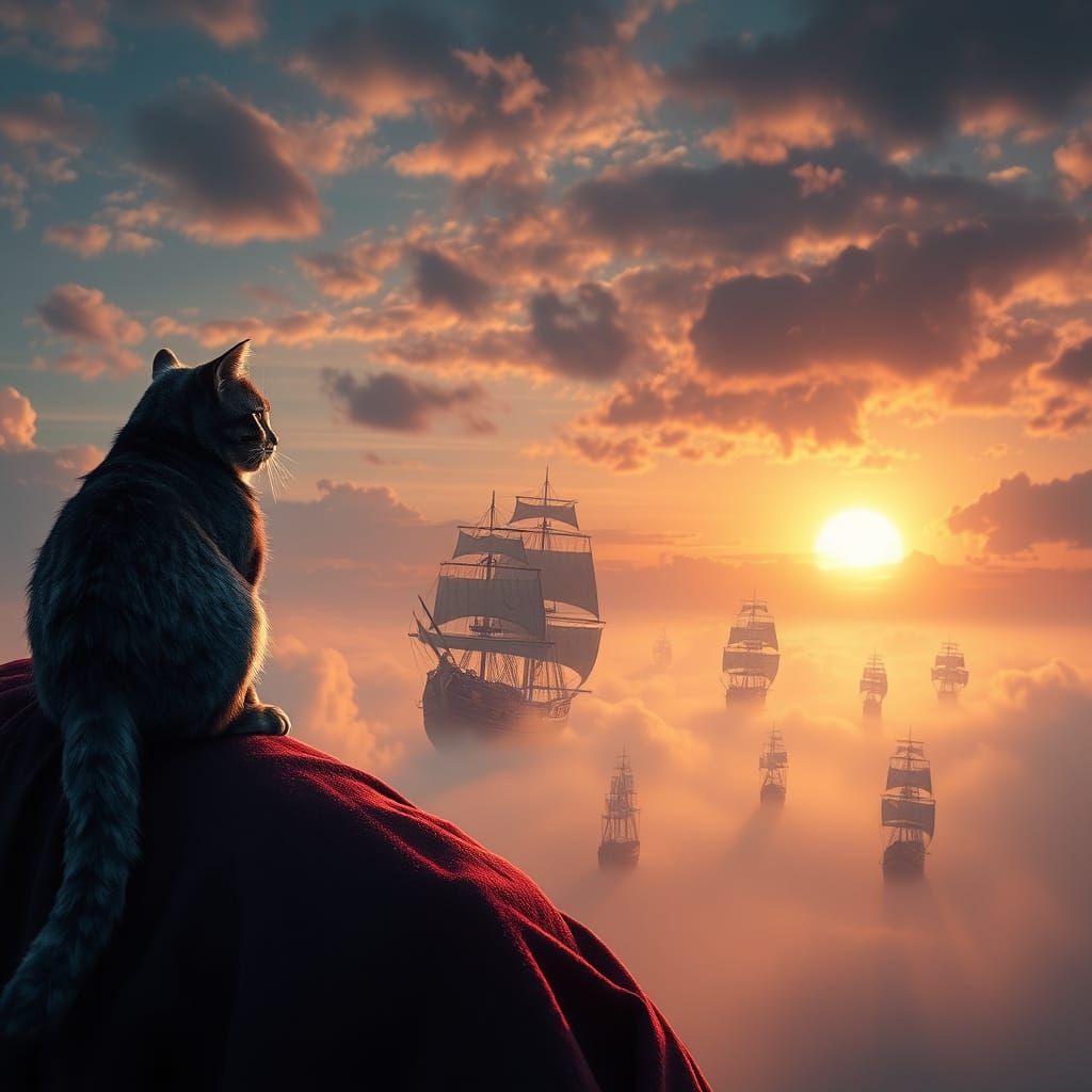 Majestic Feline Contemplates Fantastical Armada