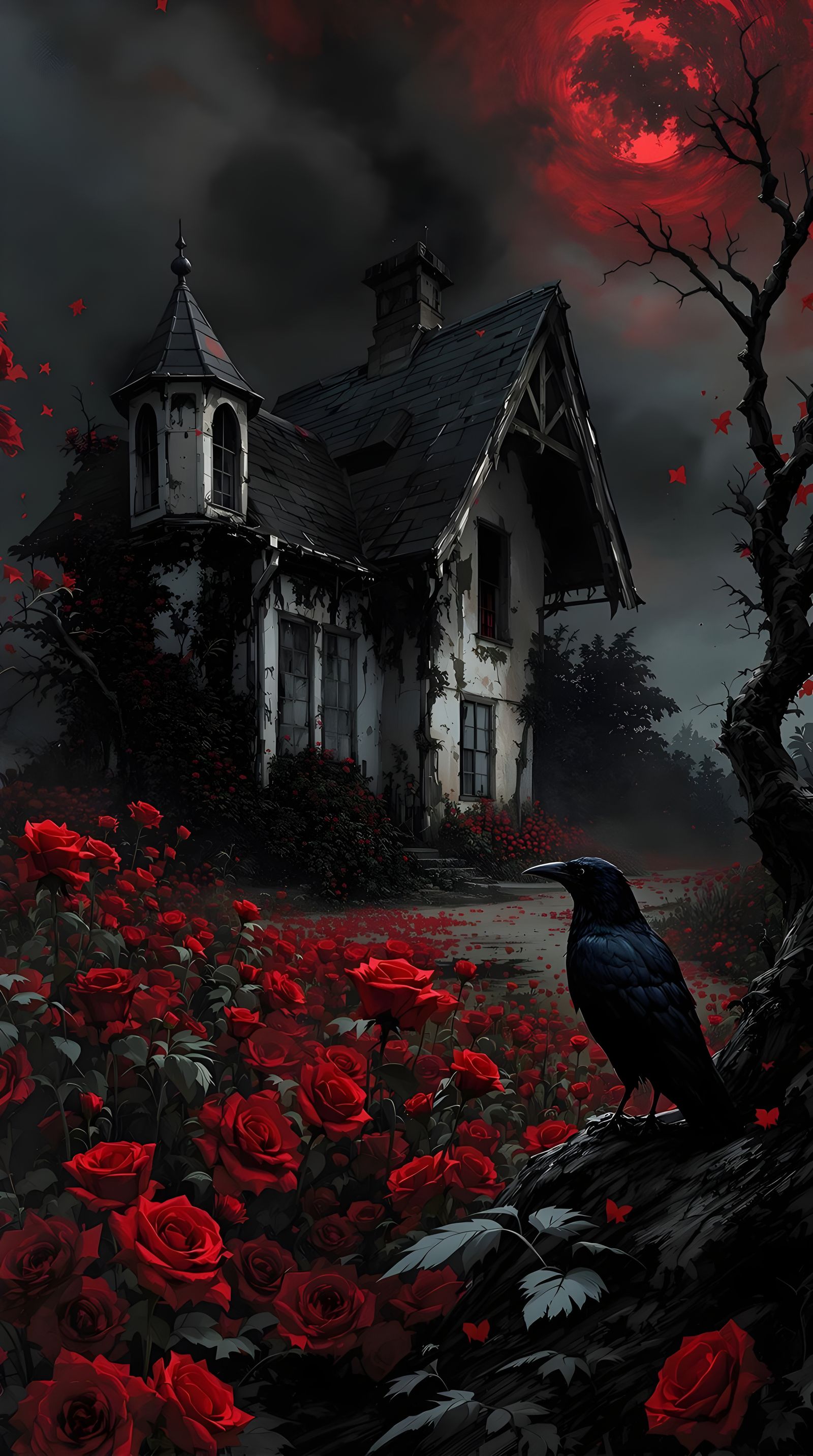 Rose, Crow, and Dilapidated House: Dark Fantasy Art