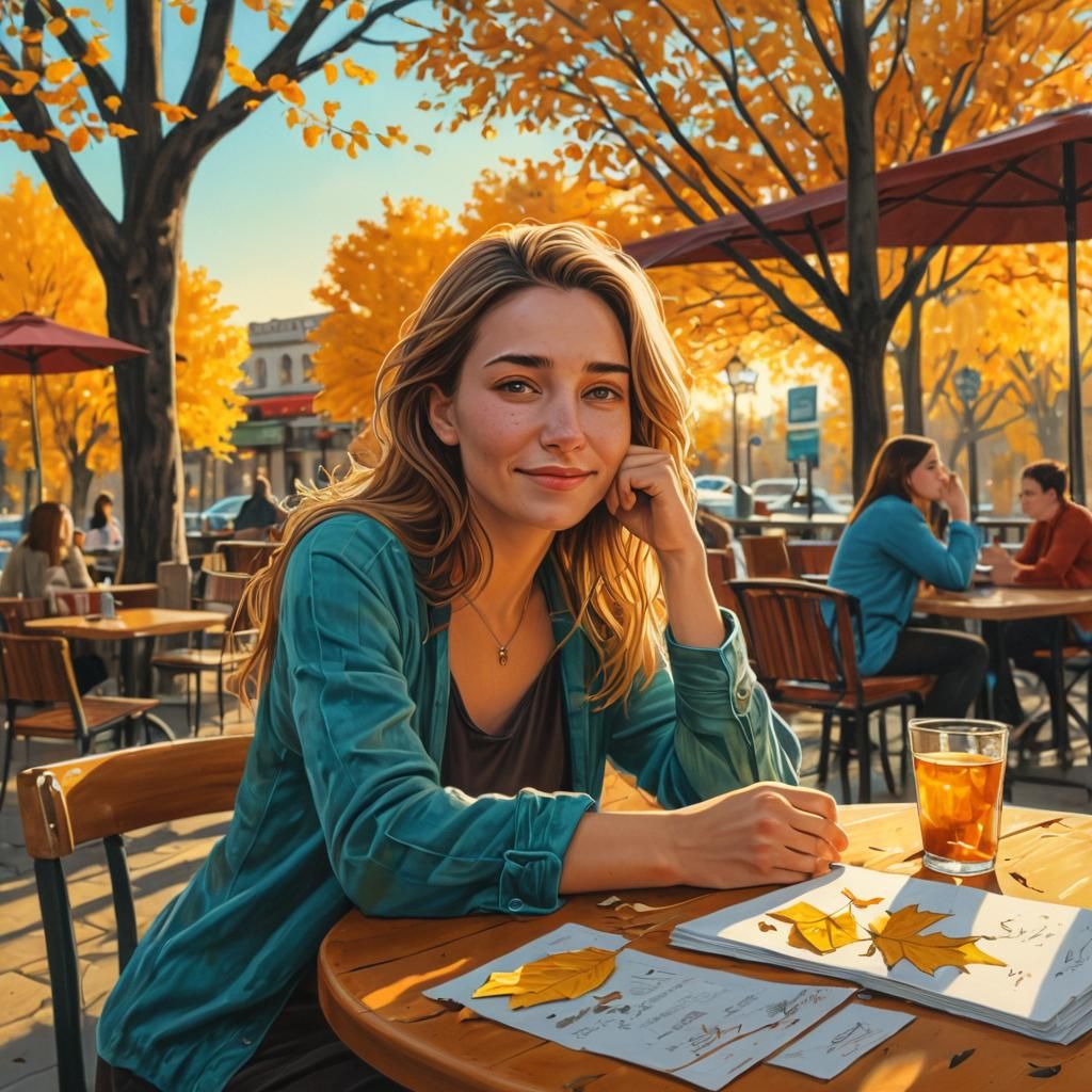 Sad Woman in Cafe, Colorful Autumn Painting