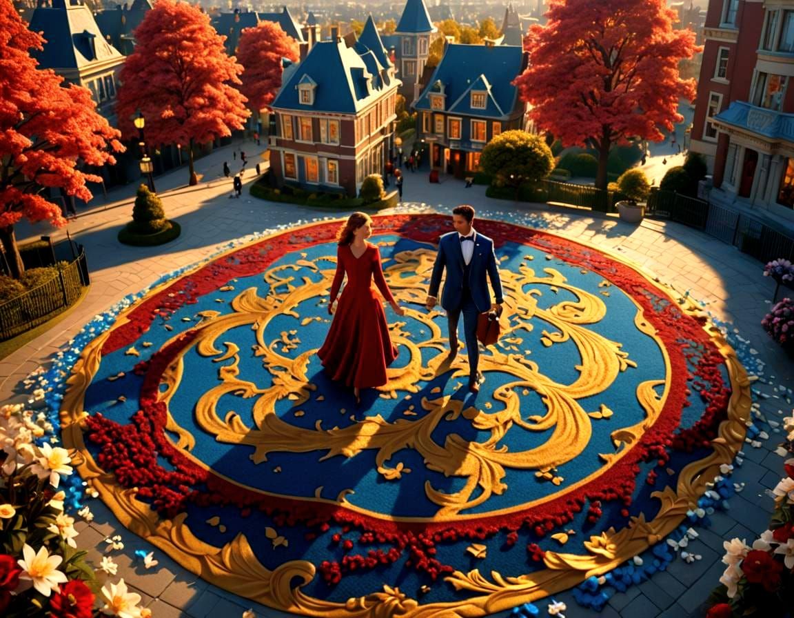 8K, fisheye, 4D render, hypersharp deep in field, hyperdetailed, contrastful deep colors, a flying gold-blue waved carpe...