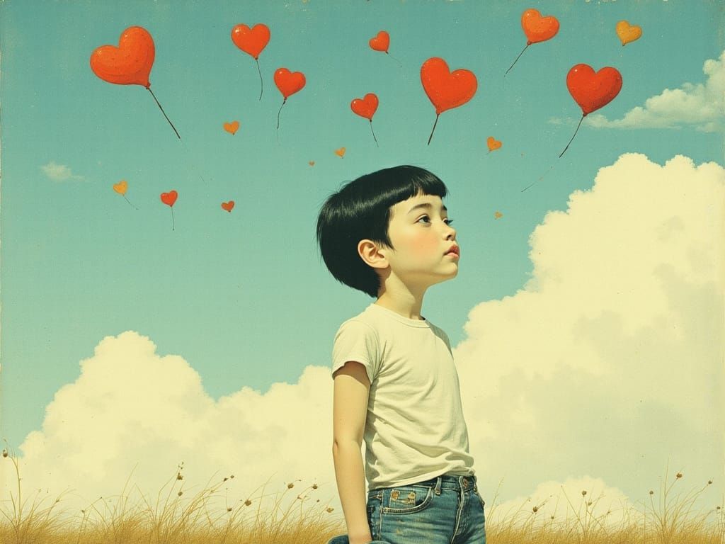 Surreal Whimsy: A Boy Cuts Hearts into the Dreamy Sky