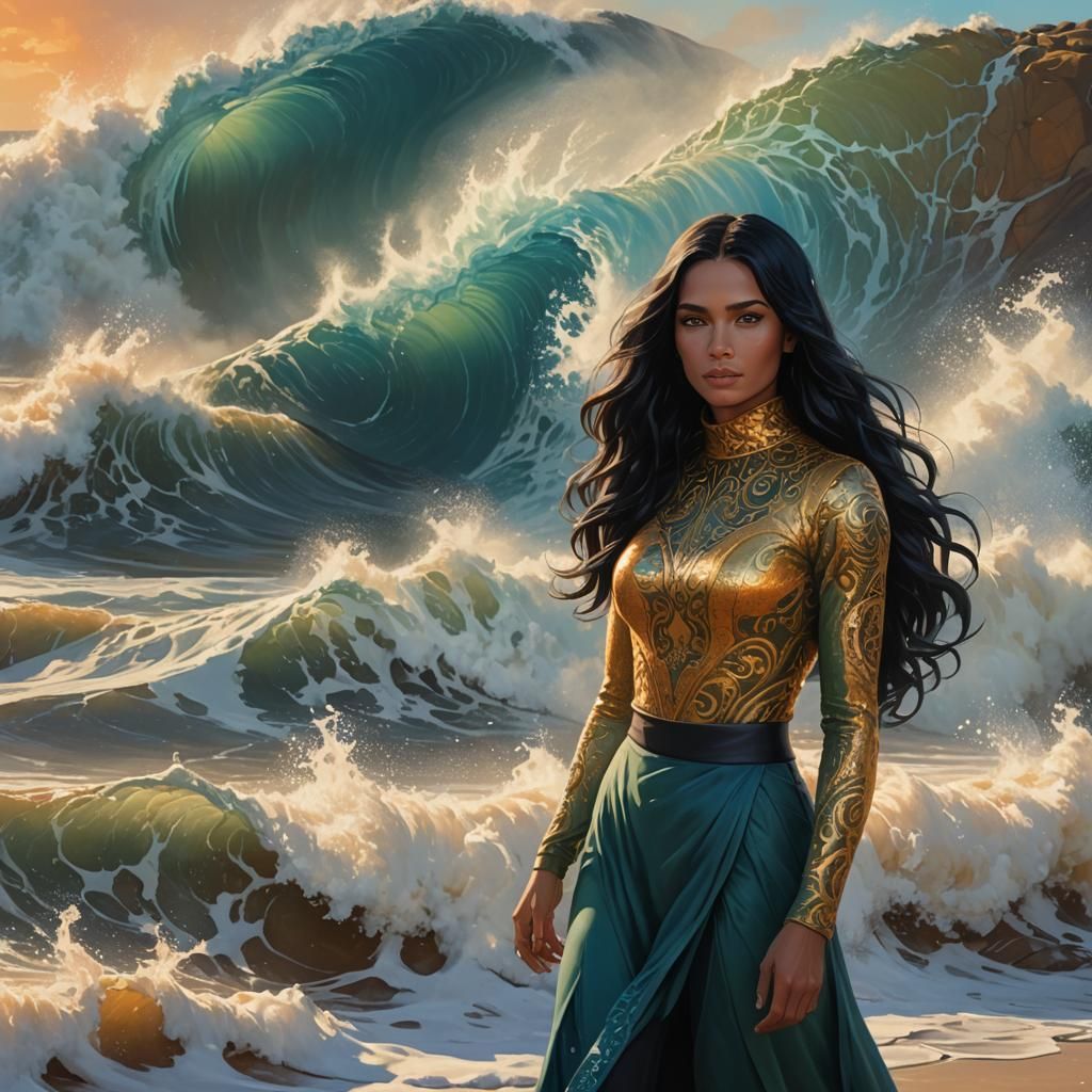 California Girl on Beach with Wave, Art Nouveau Style